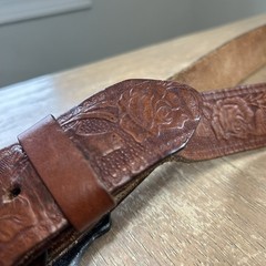 Brass Moose Belt Buckle w/Hand Tooled Brown Leather Western Wear Belt Size 40