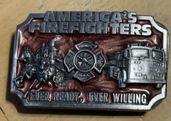1983 AMERICA&rsquo;S FIREFIGHTERS BELT BUCKLE -EVER READY EVER WILLING Colorful Enamel