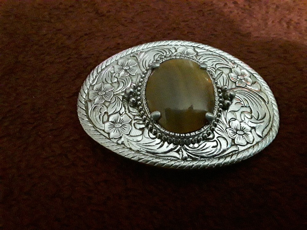 Vtg. Polished Oval Brown Agate Stone Western Cowboy Belt Buckle-Unisex