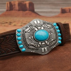 Men Women Silver Metal Big Belt Buckle Southwestern Ethnic Turquoise Blue Beads