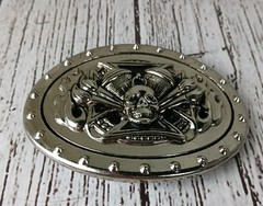 Belt Buckle Metal Motorcycle Skull Flames Mens Oval 3.5&Prime; x 2 5/8&Prime;