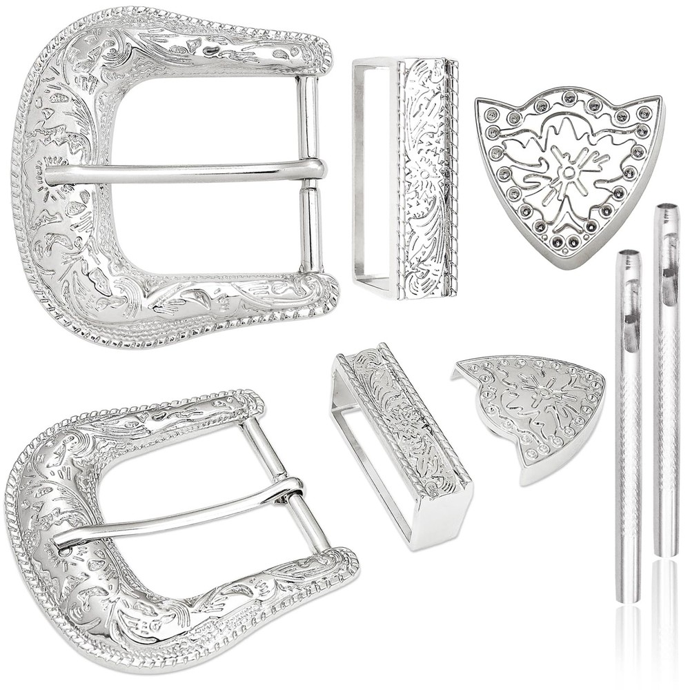 QuneusHot 6 Pieces Cowboy Replacement Belt Buckle Set Large, Shiny Silver