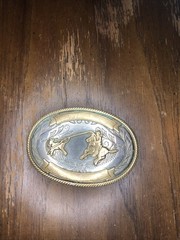 Vintage German Nickel Silver Calf Roping Rodeo Belt Buckle w/ Blank Ribbons