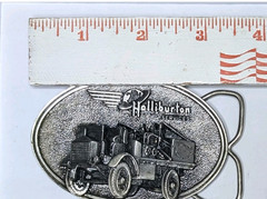 VIintage Halliburton Services Belt Buckle Mens Silver 1916 FWD Truck Pumper 80s