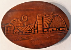 belt buckle 1983 oval leather farm scene barn 3.25&Prime; long unused