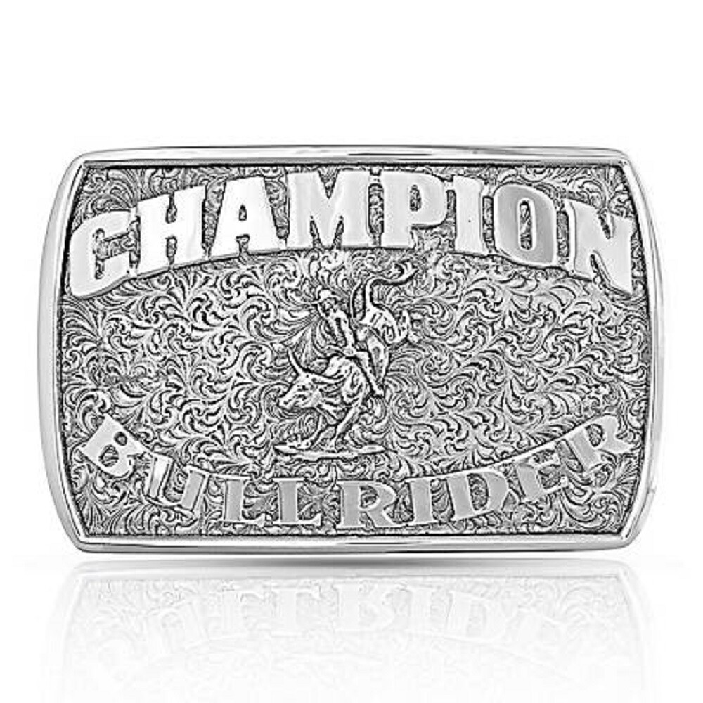 Montana Silversmiths &lsquo;CHAMPION BULL RIDER&rsquo; SILVER BELT BUCKLE 3 1/2&prime; x 2 3/8&Prime;