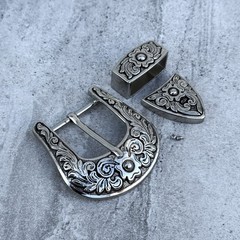 Western 3-Piece Belt Buckle Set Floral Engraved Silver Bronze Cowboy Rodeo Style
