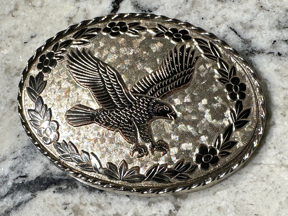 W USA Silver Tone Bald Eagle Vintage Western Belt Buckle Floral Oval Americana