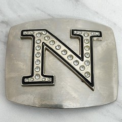 Rhinestone Studded N Letter Initial Monogram Silver Tone Belt Buckle