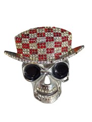 « FL&B » Scull Top Hat Belt Buckle Sliver Red Rhinestone