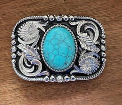 Silver Floral Western Belt Buckle Teal Stone Agate Cowboy Snap On 1.5in Strap
