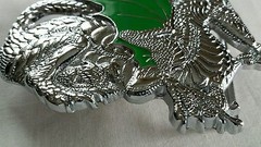 SHINY CHROME PLATED GREEN WINGED DRAGON SOLID BRASS BELT BUCKLE 1982