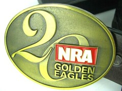 NRA GOLDEN EAGLES 20 Years MEN&rsquo;S Brass Belt Buckle On Rare Korb&rsquo;s Cowhide Belt
