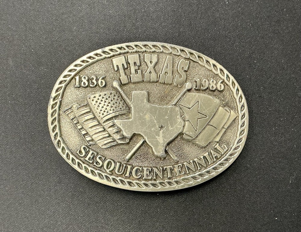 Vintage Texas Sesquicentennial Belt Buckle 1836-1986 Aged Rodeo Western Flag