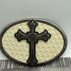 Vintage Style Cross Belt Buckle Oval Silver Tone Metal Cream Faux Leather Inlay