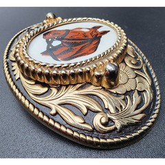 Vintage Brass Horse Head Belt Buckle with Porcelain Cameo 3.25&Prime; Western