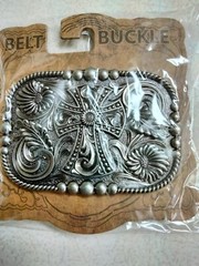 Western, Pewter style finish, Scroll work , Christian Cross metal belt Buckle