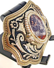 Vintage Belt Buckle Western Style Silver Ornate with Large Black Oval Stone