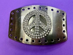 Peace Symbol Sign Rhinestone Bling Hole Border Hippy Silver Tone Belt Buckle