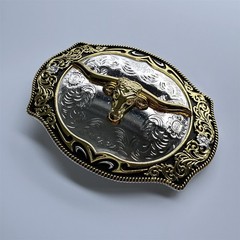Bright Silver With Gold Longhorn Bull Rodeo Cowboy Cowgirl Belt Buckle Hebilla