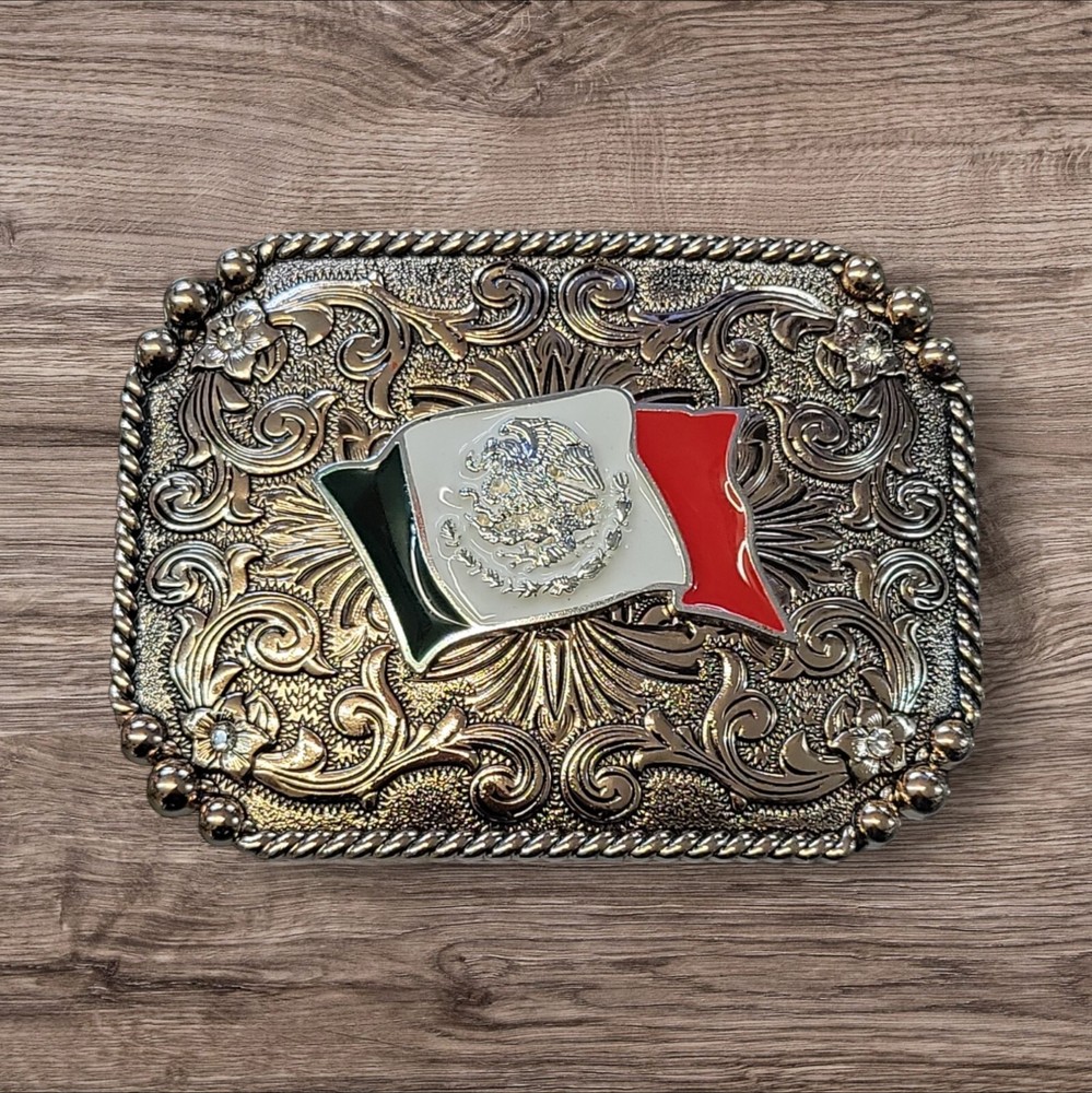 Cowboy Belt Buckle For Man – Mexican Flag 4 1/4&Prime;x3 1/8&Prime; Gold Copper Tone/Silver