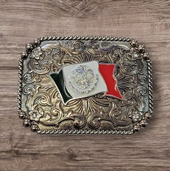 Cowboy Belt Buckle For Man – Mexican Flag 4 1/4&Prime;x3 1/8&Prime; Gold Copper Tone/Silver