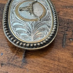 Western Longhorn Bull Belt Buckle Silver Gold Tone Floral Scroll Oval Cowboy