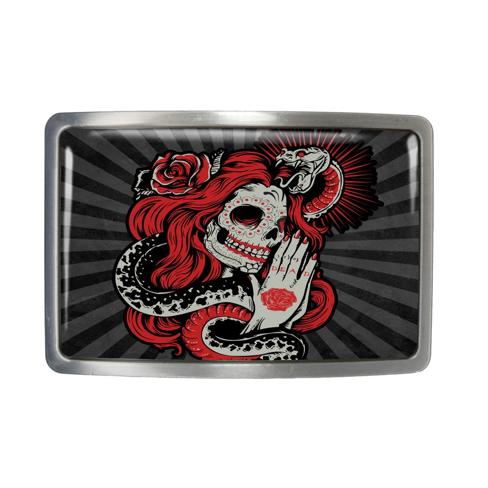 Sugar Skull Snake Belt Buckle – Day of the Dead Tattoo Flash Belt Buckle – 814