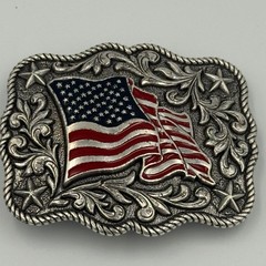 Patriotic American Flag Western Belt Buckle Silver Tone Red Blue Enamel Stars