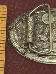 VTG Belt Buckle BARN 1984 Bergamot Brass Works Pewter Farming T 149 Made in USA