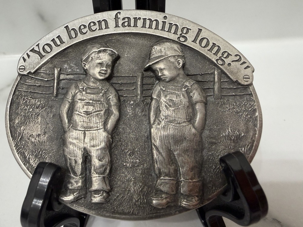 vintage USA made LITTLE FARMERS belt buckle SOLID PEWTER farming WESTERN heavy