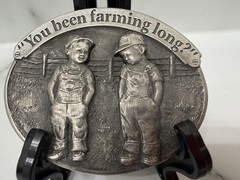vintage USA made LITTLE FARMERS belt buckle SOLID PEWTER farming WESTERN heavy