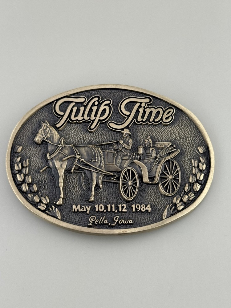 Tulip Time 1984 Horse Carriage Buggy Solid Brass Festival Buckle Limited Iowa