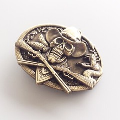 Vintage Bronze Plated Skull Rifles Cowboy Metal Oval Belt Buckle