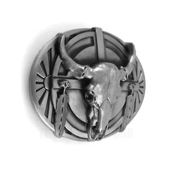 Tribal Steer Skull Head Feathers Belt Buckle Antique Silver Tone Fits 1.5&Prime; Belts