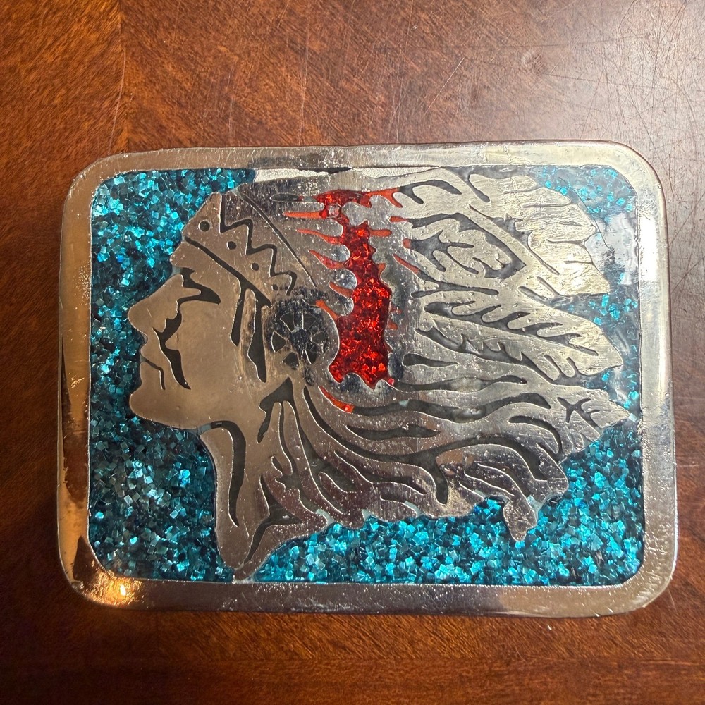 Vintage N.I. Native American Chief Belt Buckle Blue Crushed Glass Silver Tone
