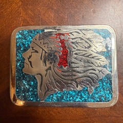 Vintage N.I. Native American Chief Belt Buckle Blue Crushed Glass Silver Tone