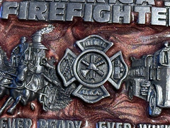 1983 AMERICA&rsquo;S FIREFIGHTERS BELT BUCKLE -EVER READY EVER WILLING Colorful Enamel