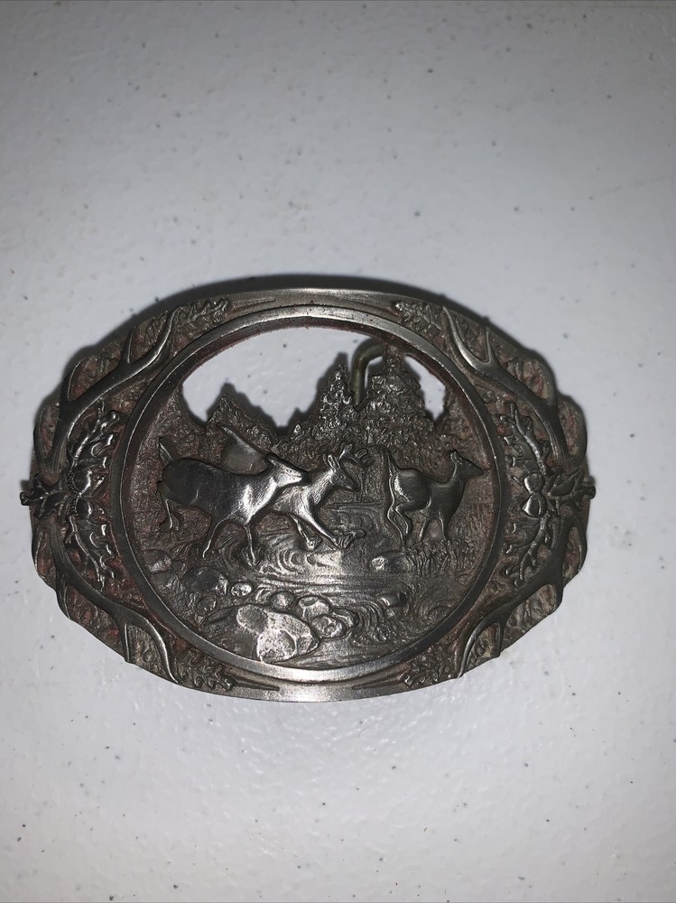MEN&rsquo;S HEAVY PEWTER 1990 C + J INC DEER SCENE AND ANTLER BELT BUCKLE MADE IN USA