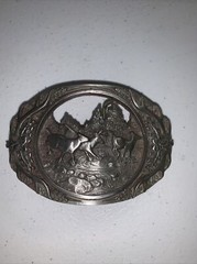 MEN&rsquo;S HEAVY PEWTER 1990 C + J INC DEER SCENE AND ANTLER BELT BUCKLE MADE IN USA
