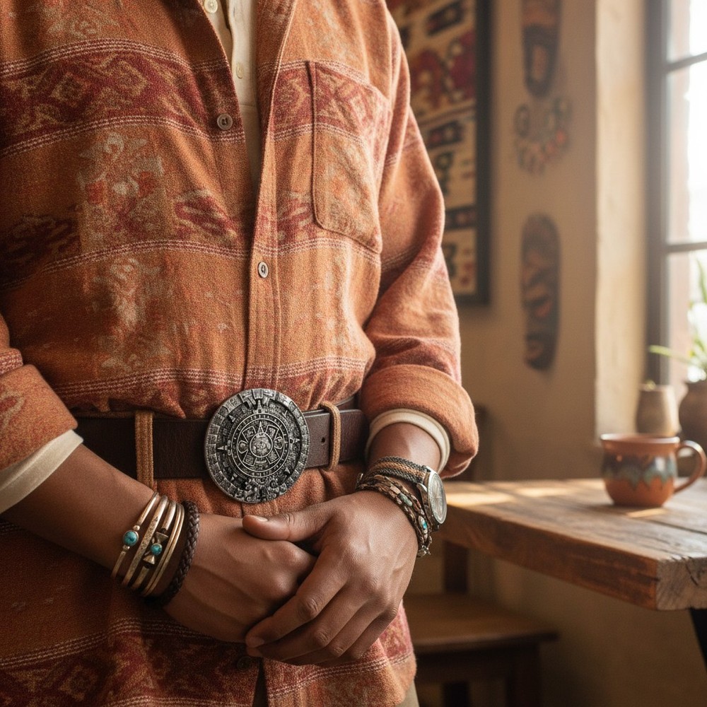 Men Fashion Belt Buckle Dark Silver Metal Western Fashion Aztec Calendar Mayan