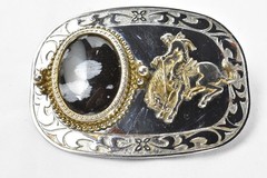Vtg Polished Stone Belt Buckle Agate Black Gem Western Rodeo Silver w/Gold Tone