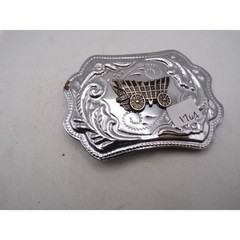 Vintage Western Covered Wagon Belt Buckle Silver Tone Scalloped Floral Scroll