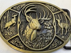 Vintage Buckle RAGE Brass Deer Elk Hunting BELT BUCKLE 3.5” Oval Fits 1.5” Belt