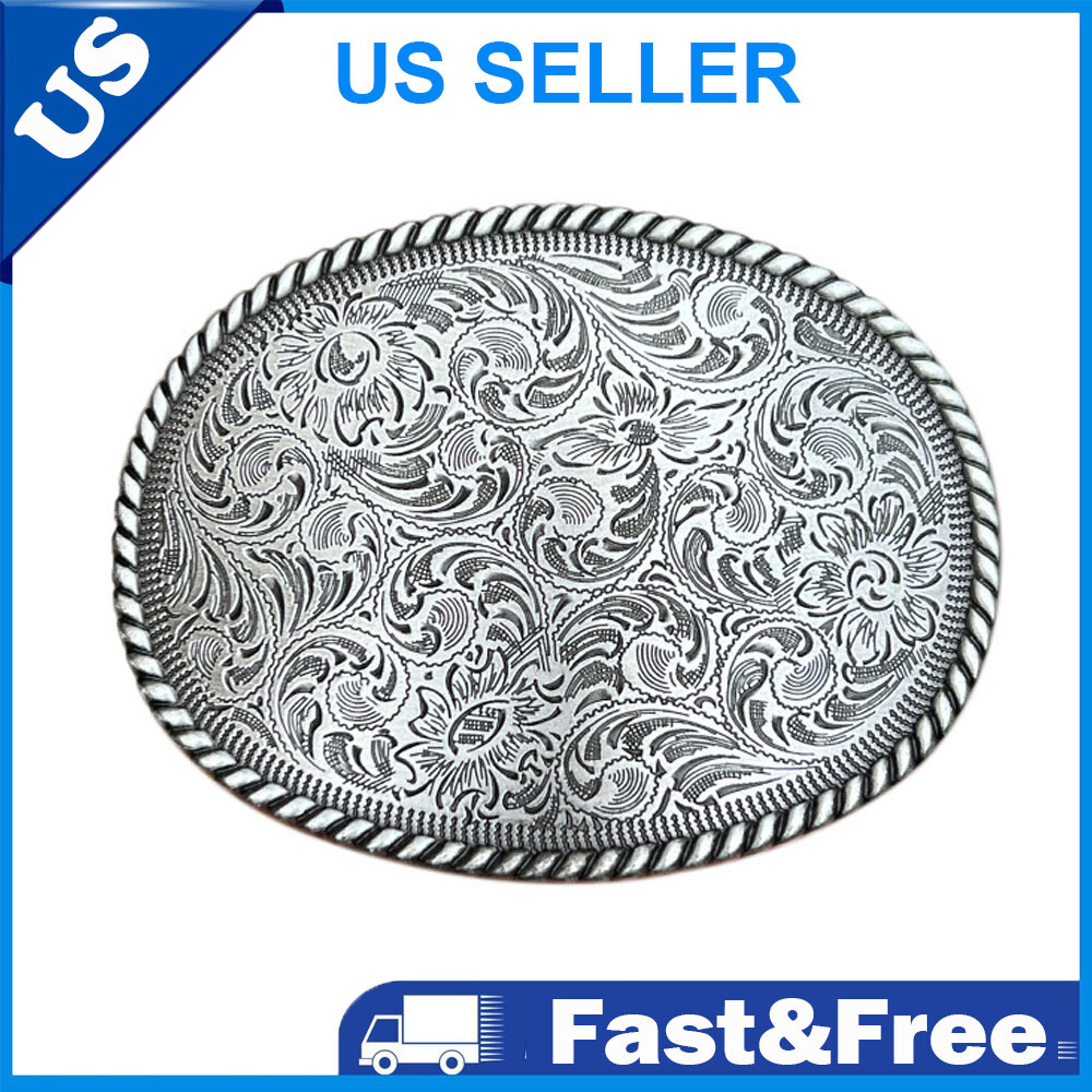 Silvery Western Cowboy Belt Buckle Antique Floral Engrave Copper Belt Buckle NEW