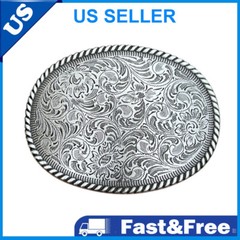 Silvery Western Cowboy Belt Buckle Antique Floral Engrave Copper Belt Buckle NEW
