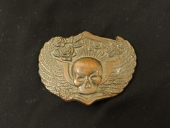 Winged Head Skull Pewter Belt Buckle Vintage Brass Flying Skull With Roses, USA
