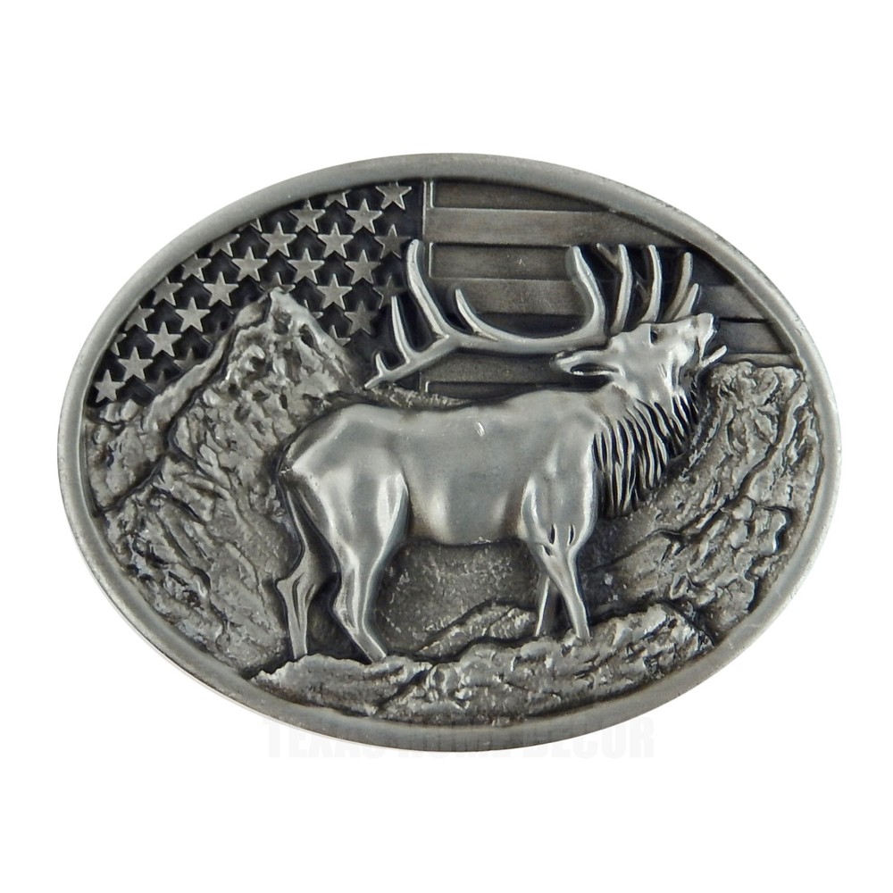 Elk Deer American Flag Belt Buckle USA Hunter Antique Silver Fits 1.5&Prime; Belts