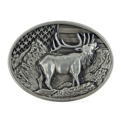 Elk Deer American Flag Belt Buckle USA Hunter Antique Silver Fits 1.5&Prime; Belts