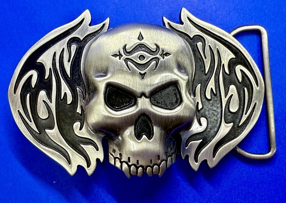 Skull with Flames Cutout Silver & Black Color Silver Moon Creations Belt Buckle